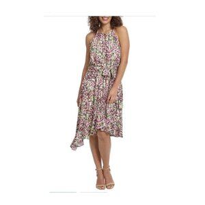 London Times Womens White Multi Floral Halter Asymmetric Flounce Dress Sz 10 New